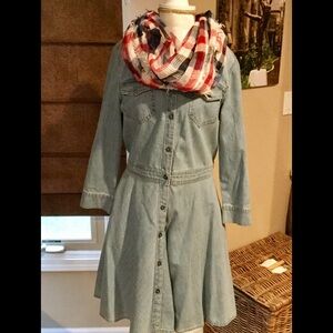 GAP Light Blue Denim Button-Front Long Sleeve Dress with Red White Blue Scarf